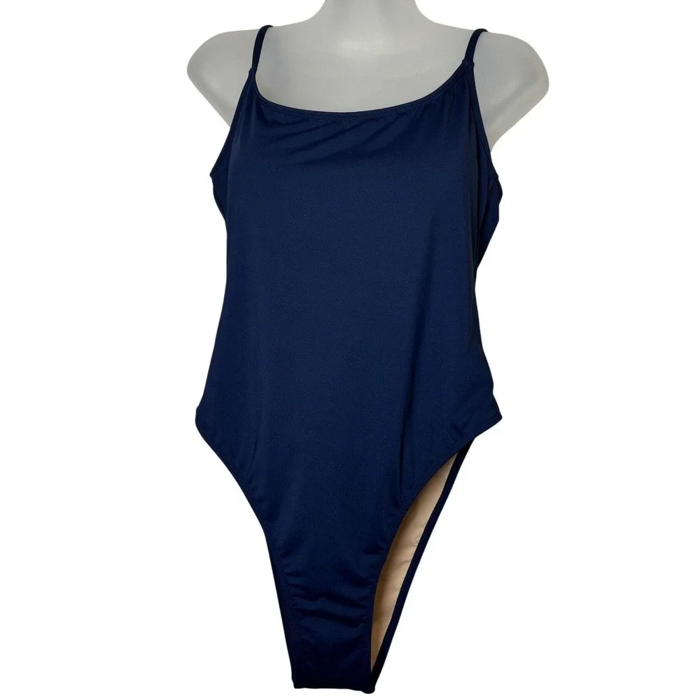 Cotton On Body‎ Navy Blue One Piece Swimsuit High Cut Deep Scoop Back NWT Large